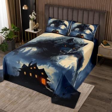 Imagem de Conjunto de cama solteiro de lobo uivante, castelo gótico, para decoração de quarto de crianças, meninos, adolescentes e homens, tema de lobisomem da noite da lua ocidental, conjunto de edredom de