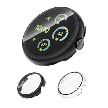 Imagem de Pacote com 2 capas com vidro temperado para Google Pixel Watch 3 2 1 protetor de tela de 41 mm mulheres e homens, capa de proteção geral de policarbonato rígido resistente a arranhões para Google