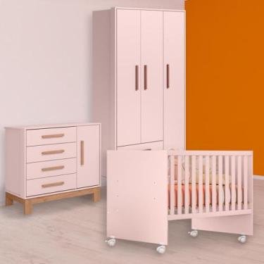 Imagem de Berço Reto, Cômoda Sapateira Slim e Guarda Roupa Retrô Rosa - Qmovi