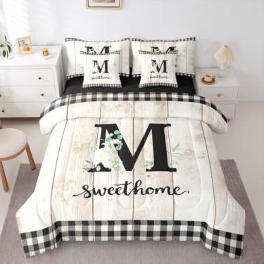 Imagem de Erosebridal Jogo de cama solteiro com letras do alfabeto M, xadrez rústico bege para crianças, meninos, meninas, adultos, flores rústicas, floral, conjunto de cama de fazenda de madeira (M)