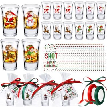Imagem de Tiangrid 24 peças de copos de shot de lembrancinhas de festa de Natal de 42,5 g a granel com base pesada de Papai Noel pequenos copos de shot com cartões de Natal e sacos de presente e fita para