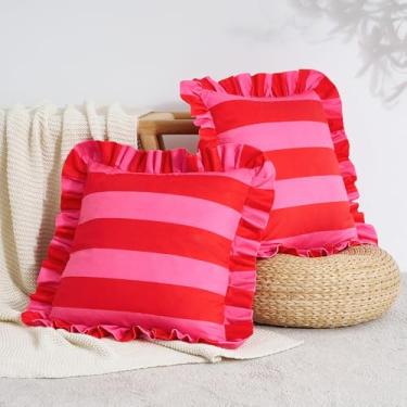 Imagem de MONDAY MOOSE Capas de almofada decorativas, conjunto de 2 designs listrados resistentes à água com borda de babados para uso externo/interno, enchimentos de travesseiro não incluídos (rosa choque