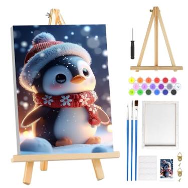 Imagem de MOGTAA Kit de pintura de Natal por números para adultos iniciantes com moldura, kits de pintura de pinguim adulto por números em tela com cavalete, kits de pintura a óleo de inverno fáceis DIY para