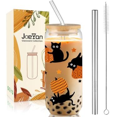 Imagem de Joeyan Copos de vidro de Halloween com tampas e canudos, copo de café gelado de abóbora e gato preto, copos fofos em forma de lata, presentes de Natal para mulheres, mãe, amiga, adolescente