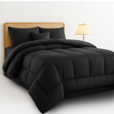 Imagem de Conjunto de edredom King luxuoso de 5 peças, cama multifuncional em uma bolsa, inclui 1 edredom, 2 fronhas, 1 travesseiro decorativo e 1 saia para cama (preto, King)