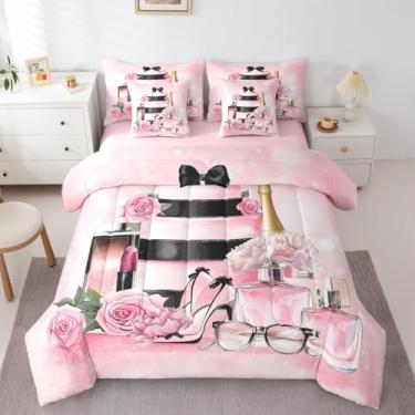 Imagem de Erosebridal Conjunto de edredom feminino de luxo moderno, com lençol solteiro, rosa, floral, para meninas, mulheres, salto alto e perfume, boêmio, moderno, elegante, estética, 7 peças, rosa e preto