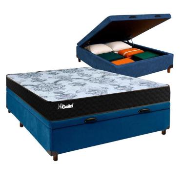 Imagem de Cama + Bau Azul E Colchão Molas Ensacadas Casal - Life Gold Paropas