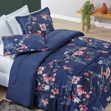 Imagem de Kit Edredom Celi Queen Dupla Face Micropercal 200 Fios 3 Peças - Azul Marinho Floral