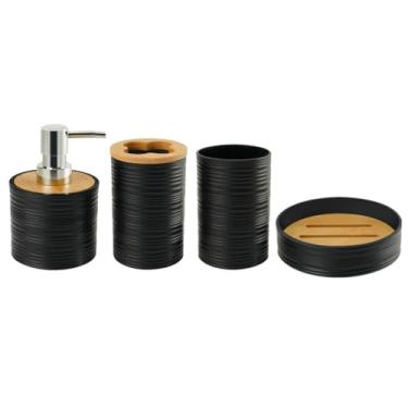 Imagem de Kit Banheiro 4 Peças com Dispenser Saboneteira e Porta Escova Verde – Design Moderno e Ecológico em Bambu e Plástico Premium (preto)