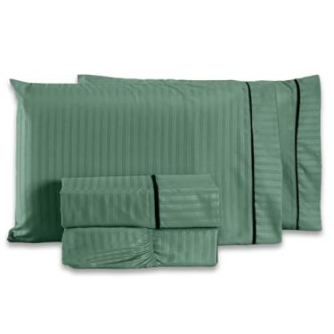 Imagem de Jogo de Cama Lençol CASAL Mônaco Fitado com Fronhas 04 Peças - Tecido Listrado Percal Soft 300 Fios Acetinado Brilhante (Verde)