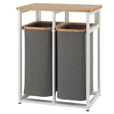 Imagem de TRINITY EcoStorage Estação organizadora de lavanderia de madeira de bambu com prateleira dobrável e 2 sacos removíveis para cesto removíveis, branco