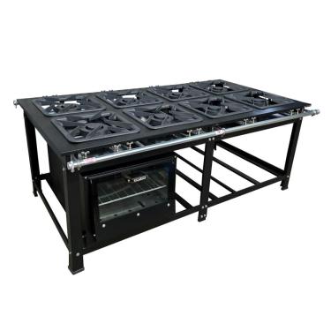 Imagem de Fogão Industrial de Centro 8 Bocas Duplas Cefaz Linha Gold Baixa Pressão Aço Carbono com Forno 100 Litros Tampa de Vidro C-CFZG-159+FRG-22