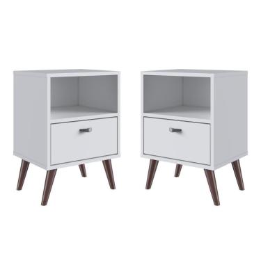 Imagem de Kit 02 Mesa De Cabeceira Nicho 39cm Com Gaveta E Pés Palito Retrô Branca