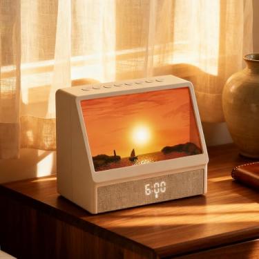 Imagem de Flumy Despertador com padrão de nascer do sol, luz de despertar estética com máquina de som para quarto, 6 ruídos brancos naturais e 6 cenas simuladas, despertador Bluetooth de cabeceira presente para