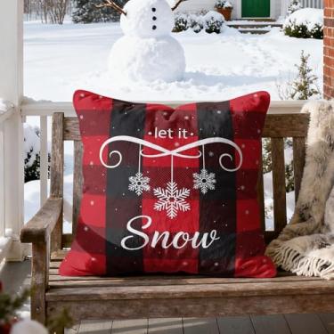 Imagem de Capa de almofada de inverno 45,7 x 45,7 cm - Capa de almofada decorativa de férias de inverno estampada flocos de neve brancos em fundo xadrez vermelho/preto para sofá, decoração de casa