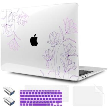 Imagem de TWOLSKOO Capa para MacBook Air de 13,3 polegadas 2021 2020 2019 2018 versão M1 A2337 A2179 A1932 com Touch ID, capa rígida de plástico e capa de teclado e adaptador tipo C, floral gravado2