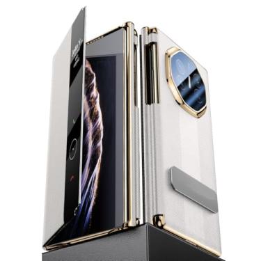 Imagem de HAOMRIYL Coldre para Huawei Mate Xts/XT, janela de visão clara, capa de couro legítimo, suporte invisível, capa fólio de luxo, à prova de choque, branco, XTS