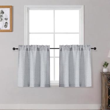 Imagem de OWENIE Cortinas de cozinha cinza sobre a pia 61 cm de comprimento, conjunto de 2 painéis, cortinas de café curtas texturizadas com filtragem de luz para janelas de banheiro, pequena cortina para