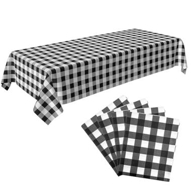 Imagem de C CRYSTAL LEMON Conjunto de 4 toalhas de mesa listradas preto e branco - toalha de mesa xadrez preta e branca para mesa de piquenique - toalha de mesa preta de vinil de plástico para atividades ao ar