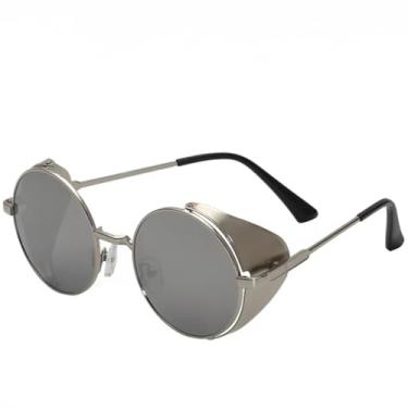 Imagem de JRLLFD Óculos de sol redondos cyberpunk com revestimento de metal, óculos de sol femininos, luxuosos, clássicos, masculinos, para áreas externas, para dirigir, UV400 (prata)