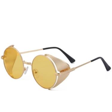 Imagem de JRLLFD Óculos de sol redondos cyberpunk com revestimento de metal, femininos, luxuosos, clássicos, masculinos, para áreas externas, para dirigir, UV400 (dourado e amarelo)