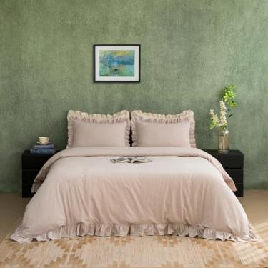 Imagem de GLORY SEASON Conjunto de capa de edredom 100% algodão com borda de babados estilo vitoriano vintage natural algodão lavado todas as estações, fronhas combinando, marrom claro, King 264 x 228 cm