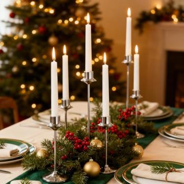 Imagem de Joyyy Suporte de castiçal para castiçal, castiçal de metal vintage, suporte de castiçal para lareira de feriado, lareira, festa, jantar, casa, conjunto de 6 (prata)