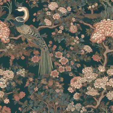 Imagem de FunStick Papel de parede verde escuro e rosa descasque e cole papel de parede floral e pássaros papel de parede removível 44,5 cm x 299,7 cm