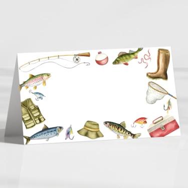 Imagem de Pacote com 120 cartões de aniversário de pesca, cartões dobráveis de 8,9 cm x 5 cm para barraca de mesa, etiquetas de alimentos para chá de bebê, festa de aniversário e recepção