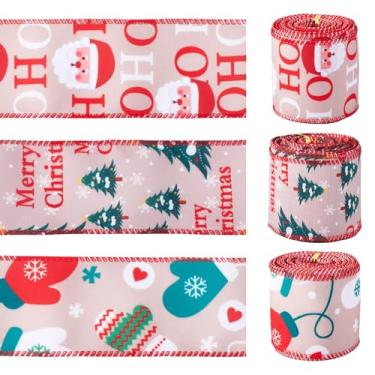 Imagem de Beadthoven 3 rolos de fitas de Natal com fio de 6,5 cm vermelho árvore de Natal Papai Noel luvas de boneco de neve padrão inverno feriado tecido decoração de fita para grinaldas presentes embrulho
