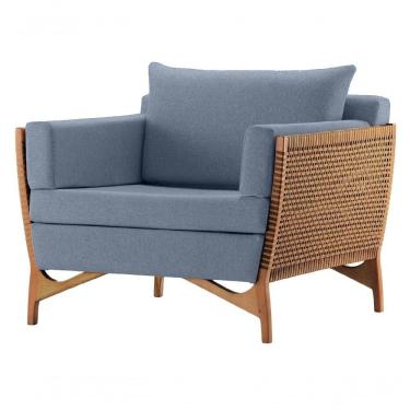 Imagem de Poltrona Com Braço Cutiê Linho Azul Madeira Cedro Corda Fita Poliéster