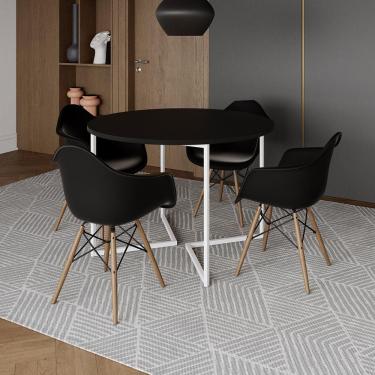 Imagem de Mesa Jantar Industrial Preta 110Cm Redonda Base V Ferro Branco C/4 Poltronas Pretas Madeira Preto