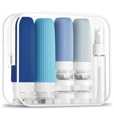 Imagem de Kit de Frascos de Viagem para Cosméticos | Shampoo | Condicionador, 16 Itens, Silicone e Plástico, com Necessaire Transparente, 60ml e 90ml | Design Canelado (Azul)