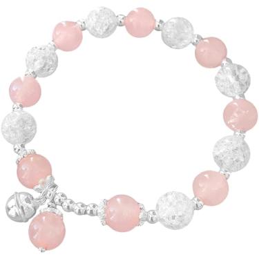 Imagem de Pulseira elástica feita à mão com cristal de quartzo rosa com pingente de sino de prata esterlina 925, joia feminina à prova d'água, 7,9