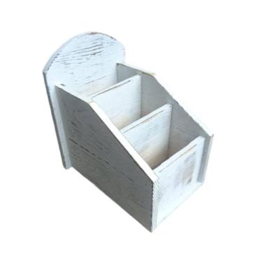 Imagem de DimyFew Porta-canetas de mesa, porta-controles remotos, caixa de armazenamento de mesa de madeira com 3 compartimentos para pincéis de maquiagem, lápis, Branco