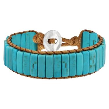Imagem de MINACHI Pulseiras de pedra natural para mulheres e homens pulseiras boêmias criadas turquesa contas retangulares joias, Medium, Pedra, Turquesa criada