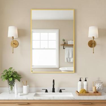 Imagem de FICTOR Espelho de banheiro dourado, 76 x 50 cm, inquebrável e antiferrugem, espelhos retangulares de montagem na parede com moldura de metal para pia, banheiro, quarto, sala de estar, entrada