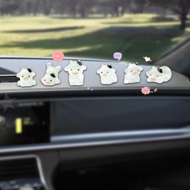 Imagem de Lyxheth Conjunto de 6 peças de decoração de painel de carro de vaca luminosa fofa, acessórios de carro com estampa de vaca, topo de tela sensível ao toque engraçado, adorável visão traseira, mini