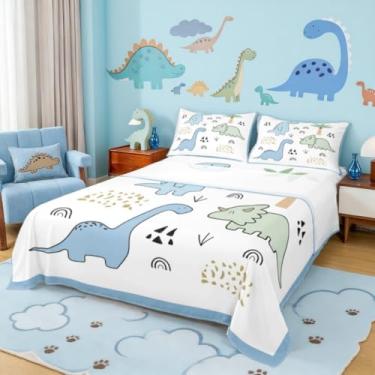 Imagem de Castle Fairy Jogo de lençol casal com elástico de dinossauro fofo, 4 peças, estampa de pintura à mão em aquarela para adolescentes, desenho animado animal mundo dinossauro (1 elástico, 1 lençol de