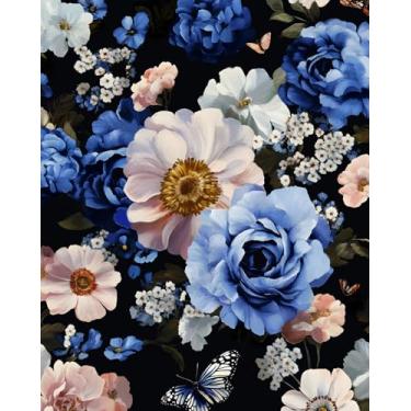 Imagem de XRUIBZI Papel de parede floral azul rosa gótico preto para contato com papel de parede colorido para quarto banheiro vinil impermeável autoadesivo removível para dormitório de locatário 44,5 cm x