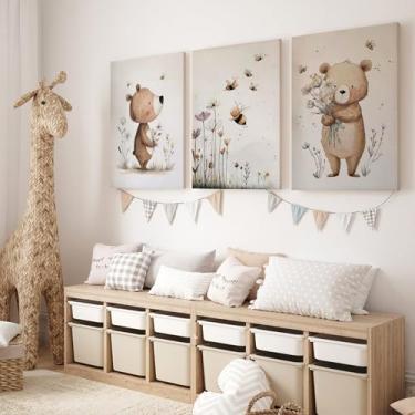 Imagem de Woodland Berçário Conjunto de 3 Arte de Parede em Tela de Urso Bonito Emoldurado para Quarto de Bebê Flores Silvestres Rústicas Pintura de Abelha Imagens Safari Animal Decoração de Parede para Quarto