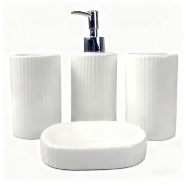 Imagem de Kit de Banheiro Cerâmica com 4 Peças Porta Sabonete Líquido/Saboneteira/Porta Escova/Porta algodão(BRANCO)