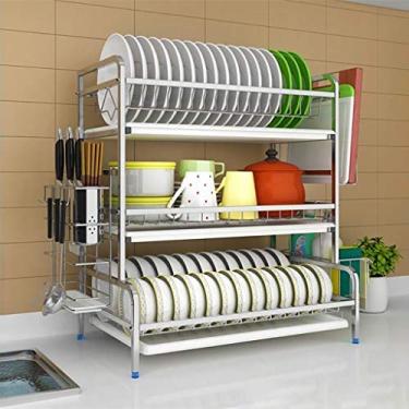 Imagem de BSNANCA Escorredor de louça, escorredor de pratos de 3 camadas com suporte de utensílios, suporte de tábua de corte e escorredor de pratos para bancada de cozinha, secador de pratos de aço inoxidável