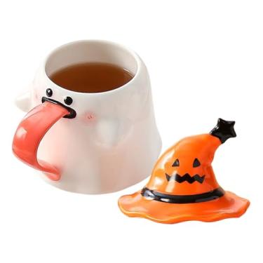 Imagem de Caneca fantasma de Halloween - Caneca de cerveja doméstica - 450 ml xícara de café em forma de fantasma de cerâmica com tampa para suco de Halloween, vinho, cerveja, sala de estar, noites de cinema