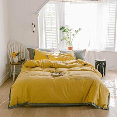 Imagem de Conjunto de cama bordado amarelo algodão lavado inverno engrossar roupa de cama cama casal lençol arredondado fronhas cor 1 tamanho queen 4 peças (cor 2 4 peças)