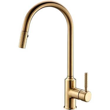 Imagem de Torneira de cozinha Torneira misturadora dourada escovada Rotação de 360 graus Torneiras Pulverizadoras de Fluxo Puxar para Baixo