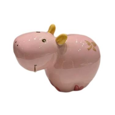 Imagem de ZABEES Cofrinho de cerâmica fofo e fofo pequeno hipopótamo decoração de cofrinho ornamentos de aniversário criativo caixa de economia de dinheiro, rosa