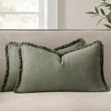 Imagem de ANRODUO Conjunto de 2 capas de almofada decorativas 30 x 50 cm de linho macio com franjas lombar, casa de fazenda, boho, vintage, fronhas com borlas para sofá, cama, sala de estar, outono, verde-oliva