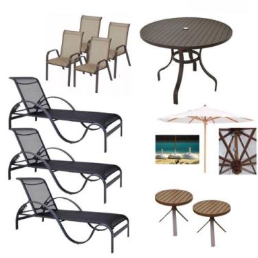 Imagem de Kit completo p/piscina cadeiras espreguiçadeiras mesa e guarda sol móv