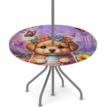 Imagem de hongjinglin Toalha de mesa de Páscoa para uso ao ar livre com orifício para guarda-chuva, toalha de mesa redonda elástica com zíper, impermeável, limpável, para piquenique, festa, pátio, serve para